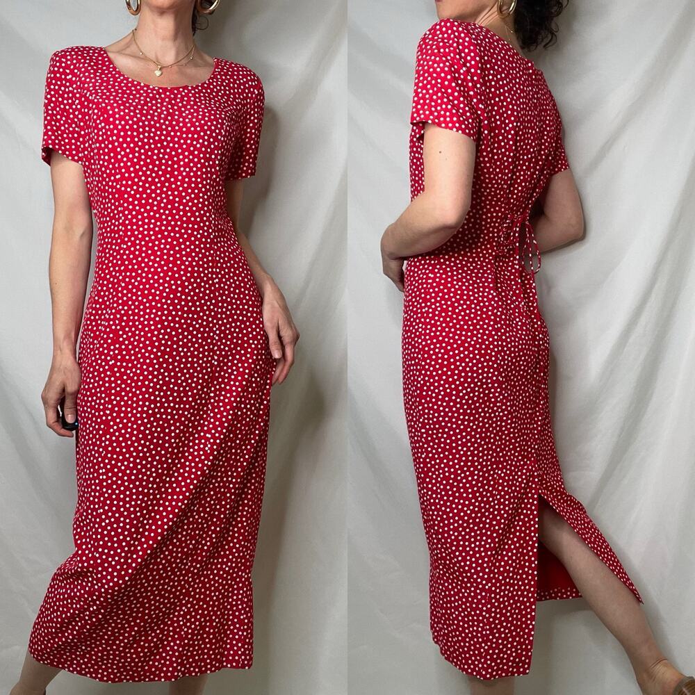 SOLD Vintage 90s red polka dot print midi maxi dress corset tie back Paris chic - Picture 3 of 16